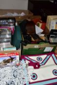 FOUR BOXES AND LOOSE CDS, ART MATERIALS, CAMERAS, STORAGE BOXES AND SUNDRY ITEMS, to include