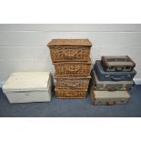 FIVE WICKER PICNIC BASKETS, along with a painted tin trunk, and four various suitcases (9)