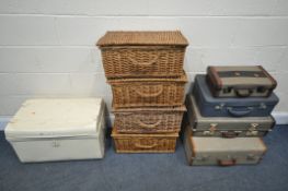 FIVE WICKER PICNIC BASKETS, along with a painted tin trunk, and four various suitcases (9)