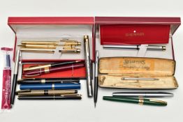 A BOX OF ASSORTED 'SHEAFFER' PENS, to include a boxed three piece gold plated 'Sheaffer' set, a