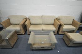 A WICKER SIX PIECE CONSERVATORY SUITE, comprising a two seater sofa, length 152cm, two armchairs,