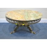 A BRASS AND ONYX CIRCULAR OCCASIONAL TABLE, diameter 80cm x height 46cm (good condition)