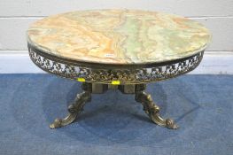 A BRASS AND ONYX CIRCULAR OCCASIONAL TABLE, diameter 80cm x height 46cm (good condition)