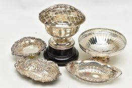 FIVE VICTORIAN TO GEORGE V SILVER NUT DISHES, BONBON DISH AND ROSE BOWL, comprising a small rose