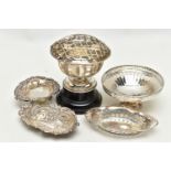 FIVE VICTORIAN TO GEORGE V SILVER NUT DISHES, BONBON DISH AND ROSE BOWL, comprising a small rose