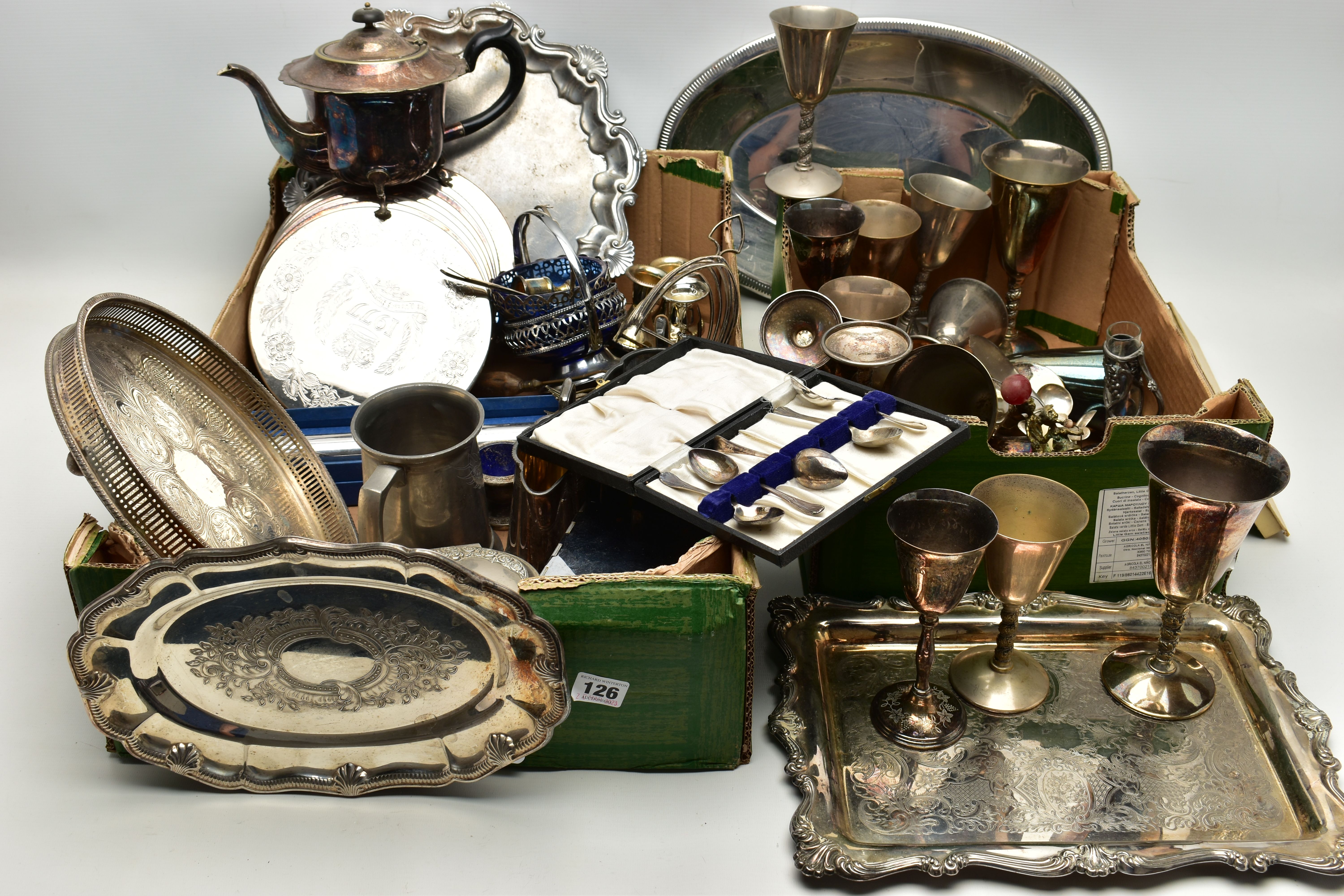 TWO BOXES OF ASSORTED WHITE METAL WARE, to include EPNS trays, toast racks, plate coasters,