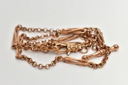 A MODERN 9CT GOLD ALBERT CHAIN, designed as a belcher link chain, with trombone link spacers, to the