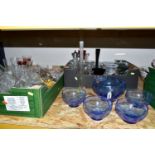 TWO BOXES AND LOOSE GLASSWARES, to include a five piece Portmeirion Glass dessert set in the