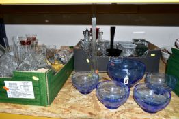 TWO BOXES AND LOOSE GLASSWARES, to include a five piece Portmeirion Glass dessert set in the