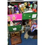 FIVE BOXES OF MISCELLANEOUS SUNDRIES, to include a collection of metal pin badges, match boxes,