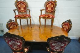 AN ITALIAN EIGHT PIECE DINING SUITE, comprising an oval dining table, with floral inlay, on a