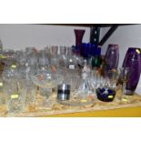 A GROUP OF CUT CRYSTAL AND COLOURED GLASSWARE, comprising a set of six cobalt blue glass juniper