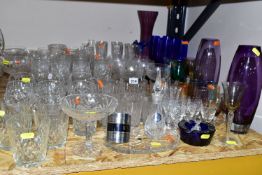 A GROUP OF CUT CRYSTAL AND COLOURED GLASSWARE, comprising a set of six cobalt blue glass juniper