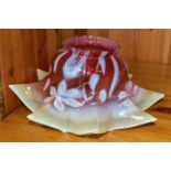 A CRANBERRY AND VASELINE GLASS LAMPSHADE, decorated with a white relief floral and foliate