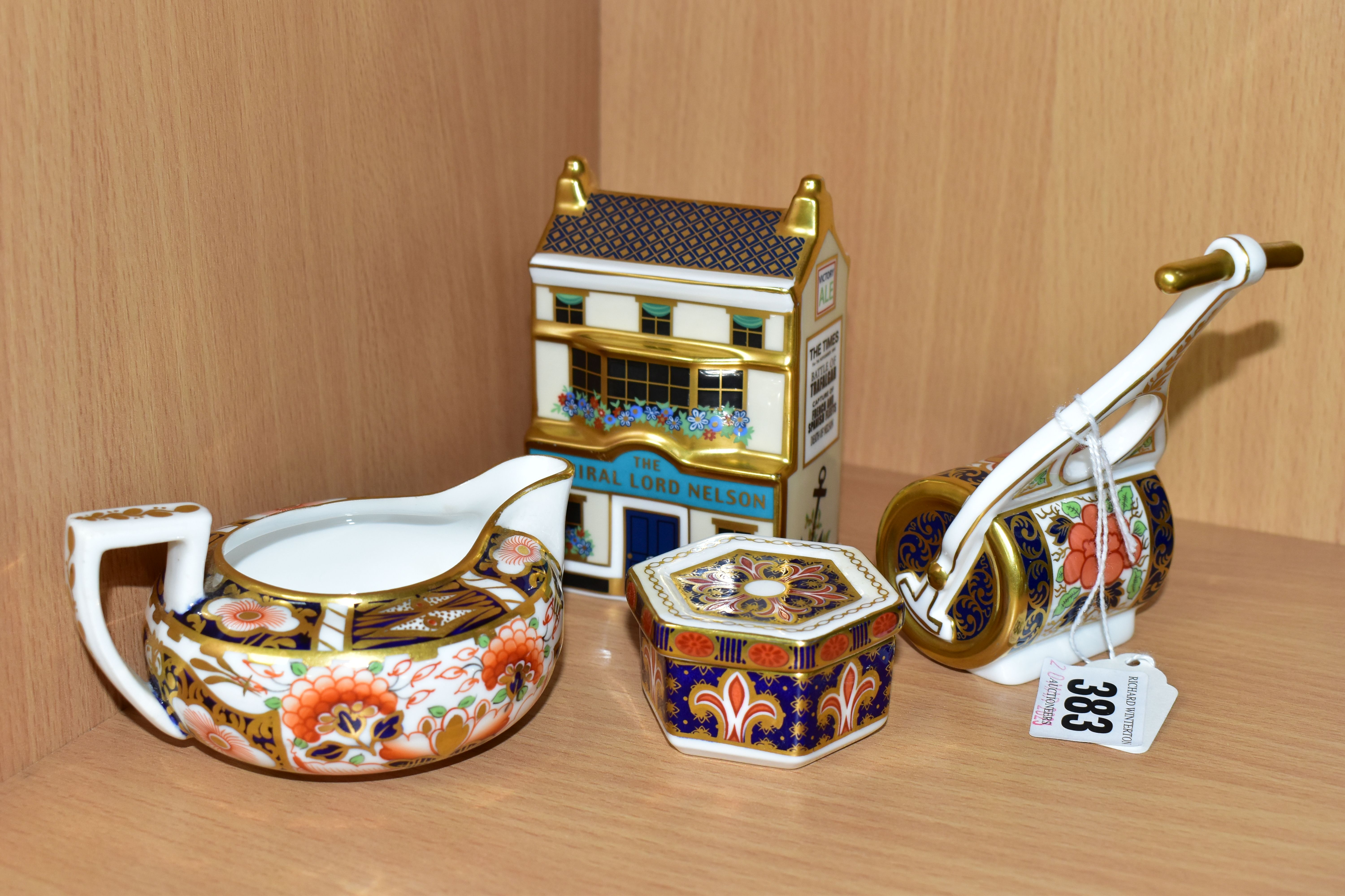 FOUR PIECES OF ROYAL CROWN DERBY TEA AND GIFT WARES, comprising an Imari pattern garden roller - Image 2 of 5
