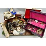 A BOX OF ASSORTED COSTUME JEWELLERY AND ITEMS, to include various imitation pearl necklaces, pendant