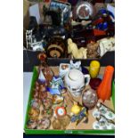 TWO BOXES AND LOOSE SUNDRY ITEMS ETC, to include a decorative metal model of a motorbike and
