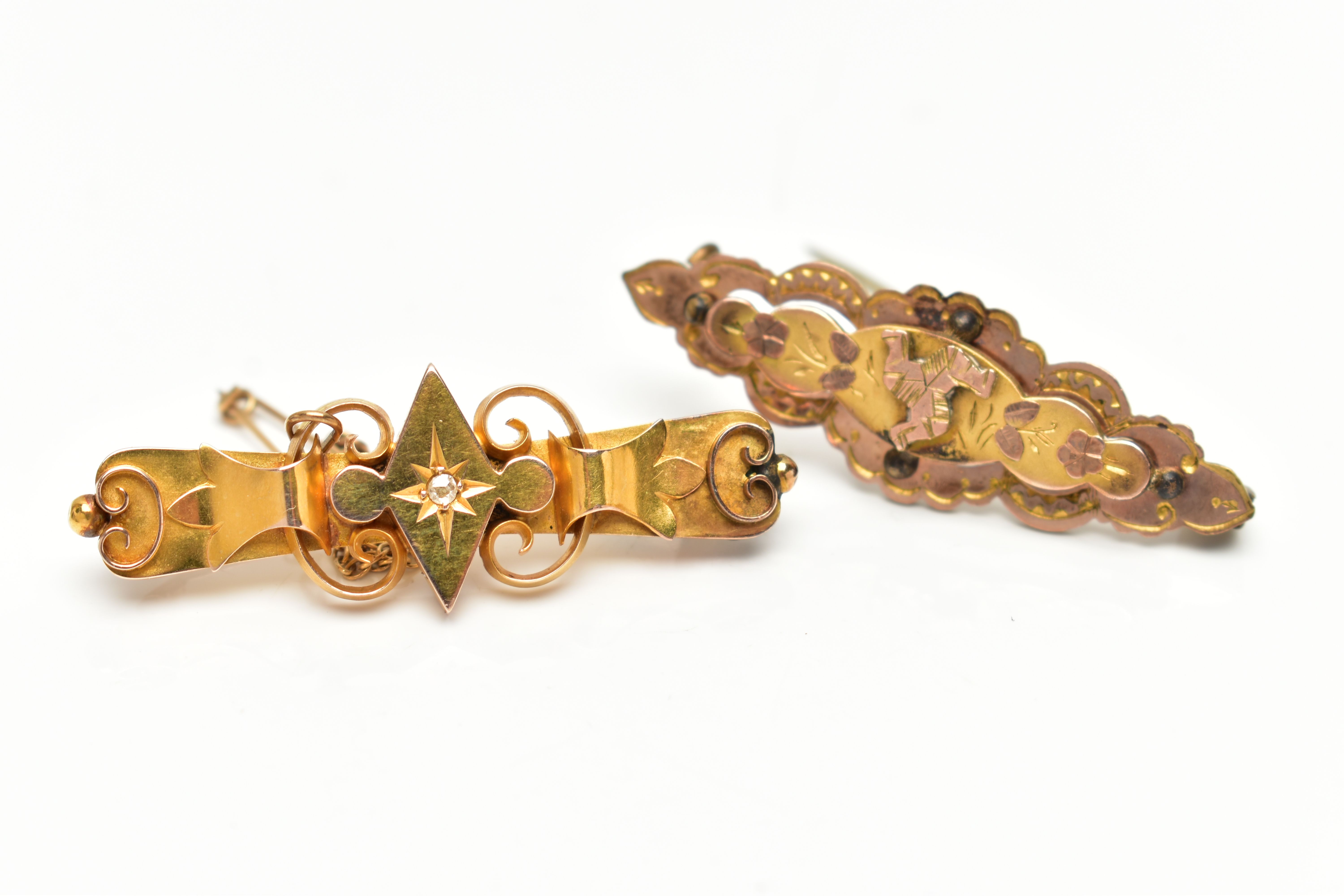 TWO VICTORIAN BROOCHES, to include a 15ct gold brooch with rose cut diamond accent, hallmarked