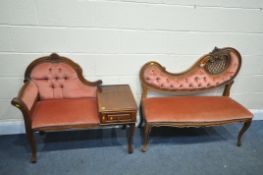 AN ITALIAN STYLE PINK UPHOLSTERED SOFA, and a similar telephone table/seat (condition:-surface