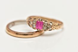 A LATE 19TH CENTURY 15CT GOLD GEM SET RING AND A YELLOW METAL BAND RING, the first an oval cut ruby,