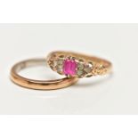 A LATE 19TH CENTURY 15CT GOLD GEM SET RING AND A YELLOW METAL BAND RING, the first an oval cut ruby,