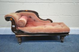 A VICTORIAN MINITAURE CHAISE LOUNGE, with a mahogany frame, and pink upholstery, length 95cm x depth
