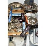 A BOX OF ASSORTED WHITE METAL WARE, to include trays, a glass bowl, glass vanity jars, two boxed