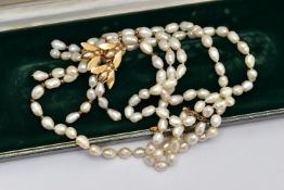 A MODERN FRESHWATER CULTURED PEARL CHOKER WITH 9CT GOLD CLASP, designed as a three rows of baroque