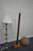 AN ART DECO WALNUT STANDARD LAMP, a brass and marble effect standard lamp, another standard lamp,