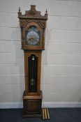 A MID TO LATE 20TH CENTURY CHIMING LONGCASE CLOCK, with a pendulum and three weights, height