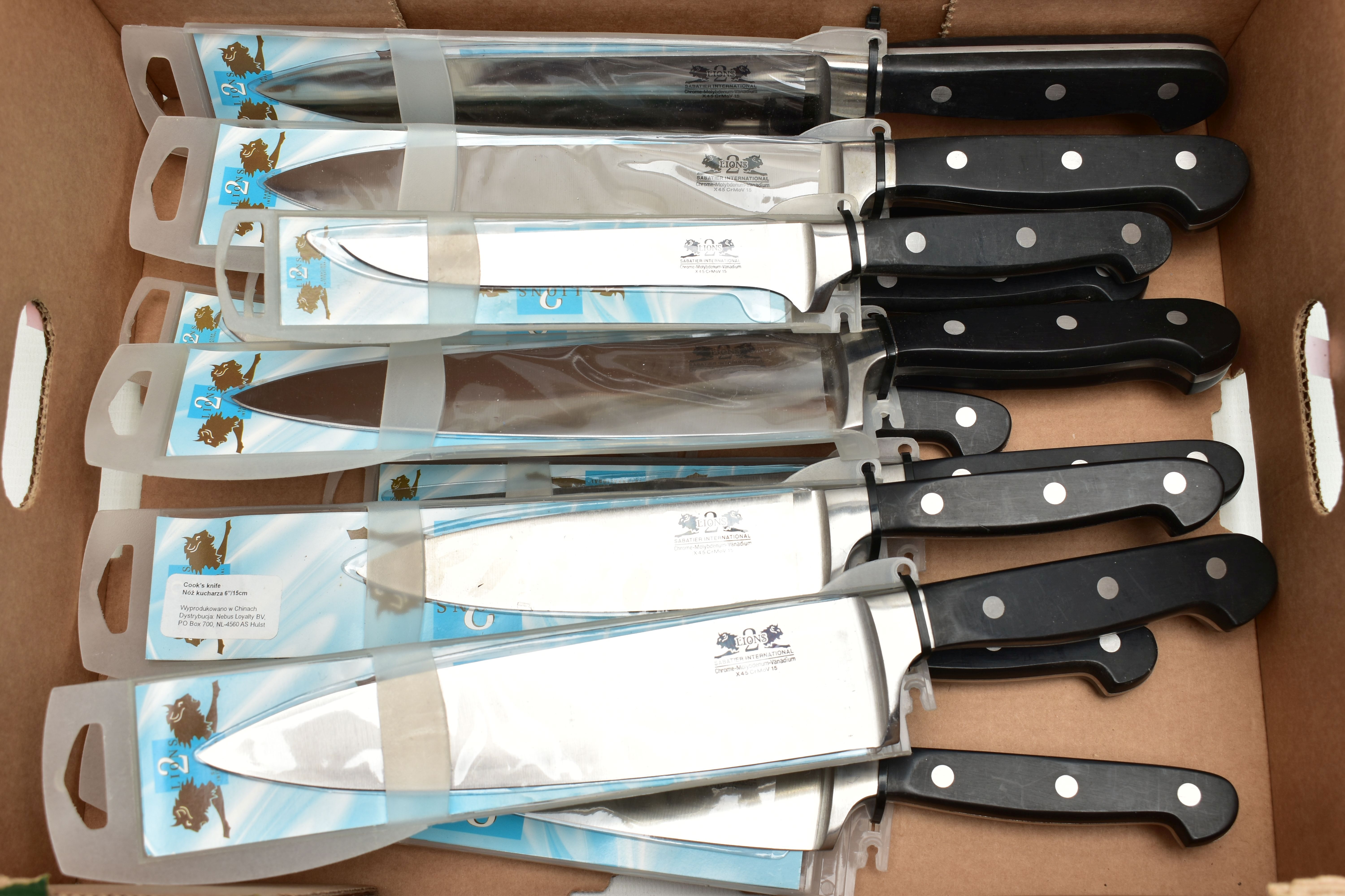 A BOX OF NEW AND UNOPENED KITCHEN KNIVES, twelve in total to include four 8 chefs knives, two 6