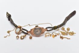 A LADYS 9CT GOLD WRISTWATCH AND ASSORTED YELLOW METAL JEWELLERY, to include a ladys, rose gold