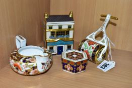 FOUR PIECES OF ROYAL CROWN DERBY TEA AND GIFT WARES, comprising an Imari pattern garden roller