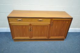 A MID CENTURY G PLAN FRESCO TEAK SIDEBOARD, with a single long drawer, and three cupboard doors,