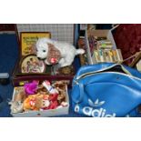 VINTAGE SEWING BASKET, BOX OF Ty BEANIE BABIES, SEWING MACHINE AND SUITCASE ETC, sewing basket