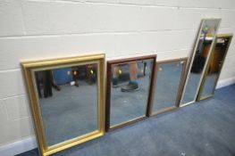 FIVE VARIOUS WALL MIRRORS, including a rectangular gilt framed bevelled edge mirror (condition:-some