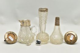 A SMALL PARCEL OF SILVER MOUNTED GLASSWARE, ETC, comprising a pair of circular silver easel back