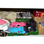 SIX BOXES AND LOOSE CLOTHING AND ACCESSORIES, to include a brown fur cape, some clothes as new