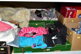 SIX BOXES AND LOOSE CLOTHING AND ACCESSORIES, to include a brown fur cape, some clothes as new