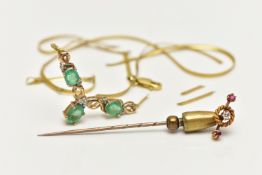 A 9CT GOLD NECKLACE AND EARLY 20TH CENTURY STICK PIN, an a/f necklace set with three oval cut
