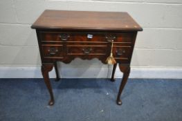 A QUEEN ANNE STYLE MAHOGANY LOWBOY, with an arrangement of four drawers, on cabriole legs, width