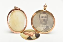 TWO DOUBLE PHOTO LOCKETS, the first of an oval form, polished rose gold mount, stamped 9ct,