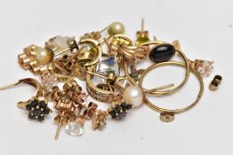 A BAG OF ASSORTED YELLOW METAL EARRINGS, to include eleven pairs of stud earrings and a pair of