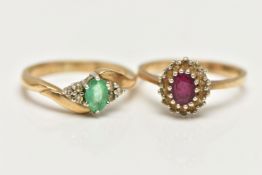 TWO 9CT GOLD GEM SET RINGS, the first an oval cut emerald prong set with six round brilliant cut