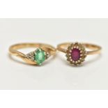 TWO 9CT GOLD GEM SET RINGS, the first an oval cut emerald prong set with six round brilliant cut