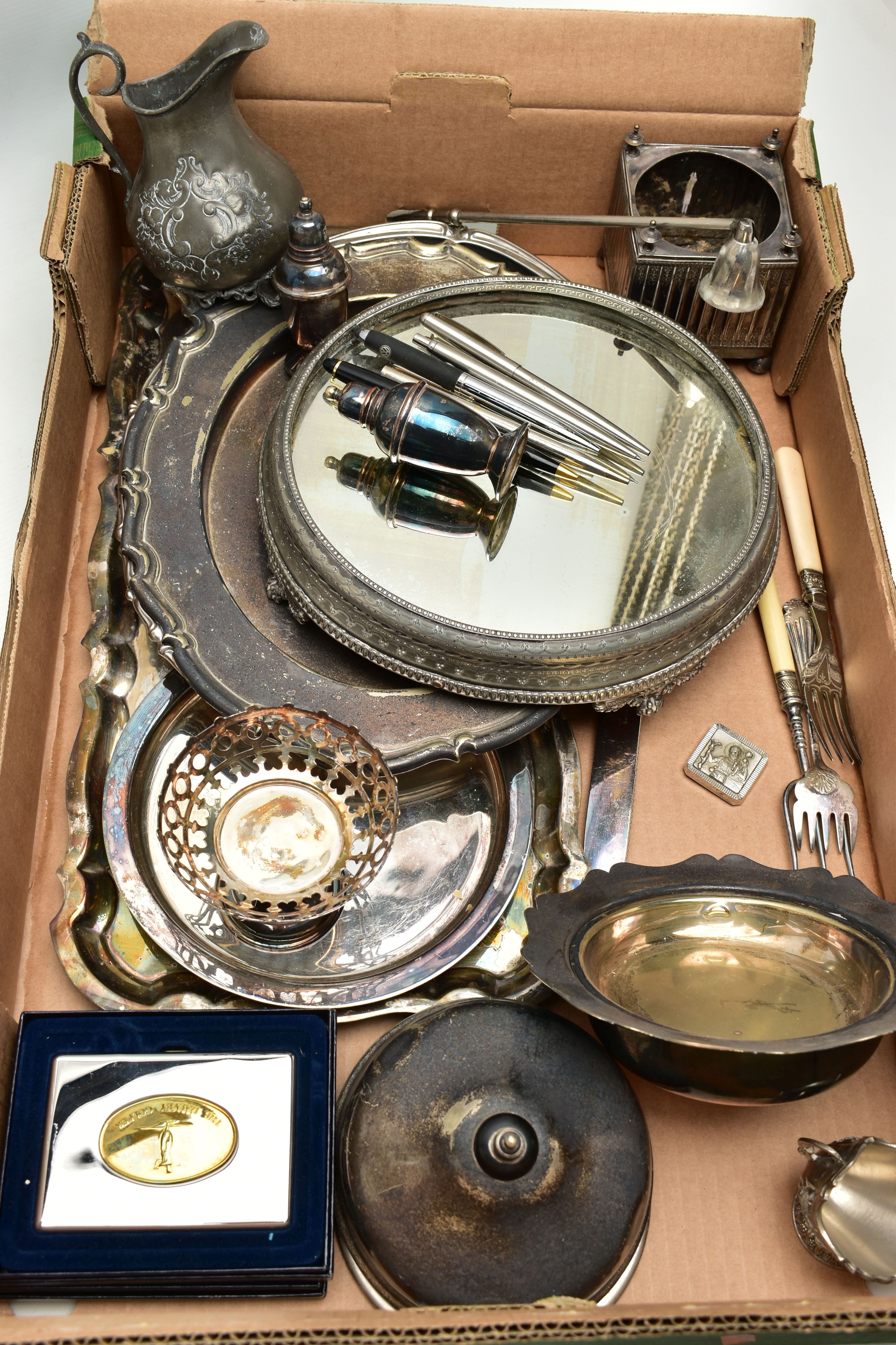 A BOX OF ASSORTED WHITE METAL WARE, to include a silver plate and mirrored base, three large - Image 3 of 3