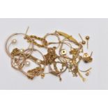 A BAG OF ASSORTED YELLOW METAL JEWELLERY, to include a 9ct gold identification bracelet, polished
