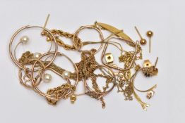 A BAG OF ASSORTED YELLOW METAL JEWELLERY, to include a 9ct gold identification bracelet, polished