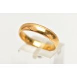 A 22CT YELLOW GOLD WEDDING BAND, designed as a plain polished band, approximate width of band 4.4mm,