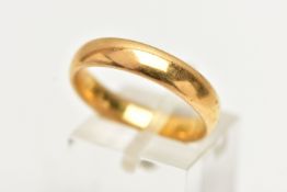 A 22CT YELLOW GOLD WEDDING BAND, designed as a plain polished band, approximate width of band 4.4mm,